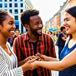 A vibrant, dynamic scene showcasing a global community. Diverse individuals from various cultural backgrounds are smiling and interacting harmoniously in a modern, multicultural city square. They are engaged in collaborative activities, symbolizing the power of cultural intelligence and understanding bridging differences. The atmosphere is open, inclusive, and forward-looking, with subtle elements suggesting global connectivity and empathy. High quality, realistic, warm lighting.