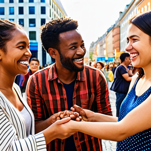 A vibrant, dynamic scene showcasing a global community. Diverse individuals from various cultural backgrounds are smiling and interacting harmoniously in a modern, multicultural city square. They are engaged in collaborative activities, symbolizing the power of cultural intelligence and understanding bridging differences. The atmosphere is open, inclusive, and forward-looking, with subtle elements suggesting global connectivity and empathy. High quality, realistic, warm lighting.
