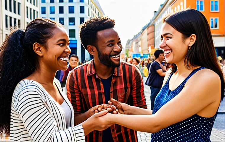 A vibrant, dynamic scene showcasing a global community. Diverse individuals from various cultural backgrounds are smiling and interacting harmoniously in a modern, multicultural city square. They are engaged in collaborative activities, symbolizing the power of cultural intelligence and understanding bridging differences. The atmosphere is open, inclusive, and forward-looking, with subtle elements suggesting global connectivity and empathy. High quality, realistic, warm lighting.