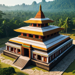 High-tech drones equipped with advanced sensors flying above a sprawling, ancient temple complex nestled in a vibrant Southeast Asian jungle, capturing detailed 3D data. In the foreground, a sleek holographic display projects complex AI analyses, revealing insights into structural integrity and environmental changes, symbolizing the future of cultural heritage preservation through technology. The scene is bathed in warm, filtered sunlight.