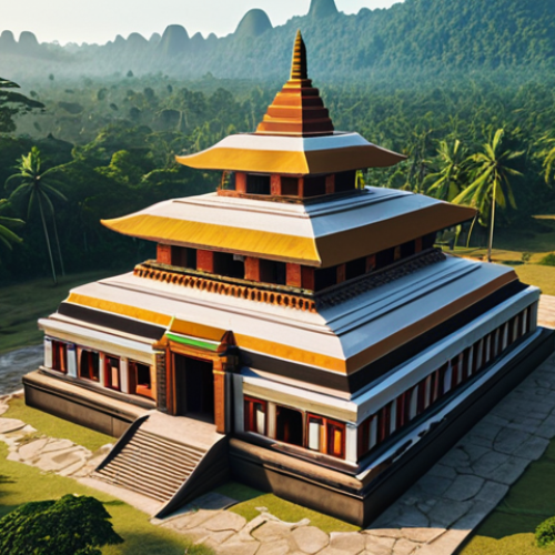 High-tech drones equipped with advanced sensors flying above a sprawling, ancient temple complex nestled in a vibrant Southeast Asian jungle, capturing detailed 3D data. In the foreground, a sleek holographic display projects complex AI analyses, revealing insights into structural integrity and environmental changes, symbolizing the future of cultural heritage preservation through technology. The scene is bathed in warm, filtered sunlight.
