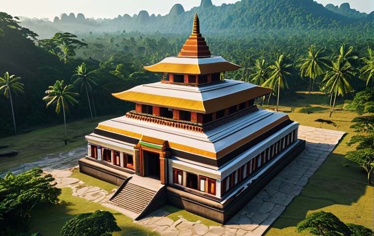 High-tech drones equipped with advanced sensors flying above a sprawling, ancient temple complex nestled in a vibrant Southeast Asian jungle, capturing detailed 3D data. In the foreground, a sleek holographic display projects complex AI analyses, revealing insights into structural integrity and environmental changes, symbolizing the future of cultural heritage preservation through technology. The scene is bathed in warm, filtered sunlight.