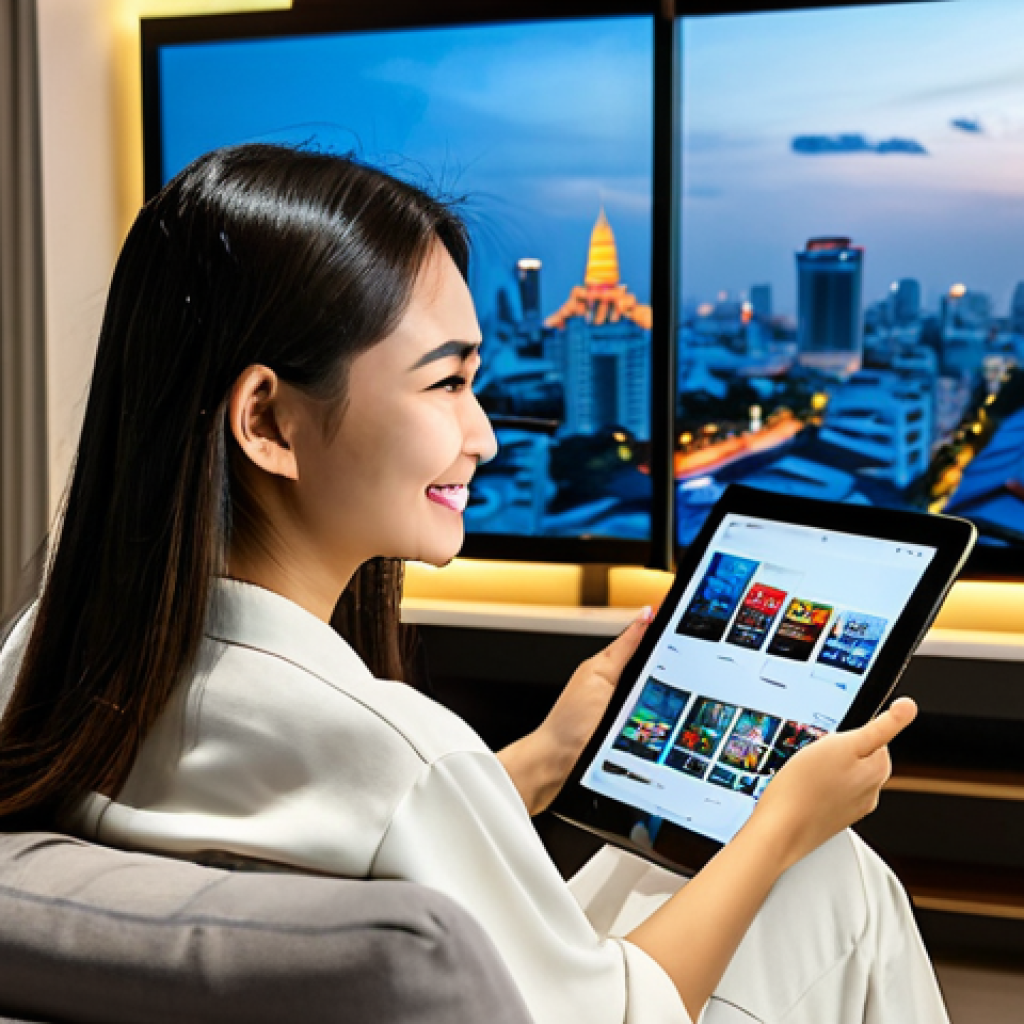 문화산업 연구 - Modern Thai Media Consumption**
"A young Thai woman sitting on a comfortable sofa in her modern apa...
