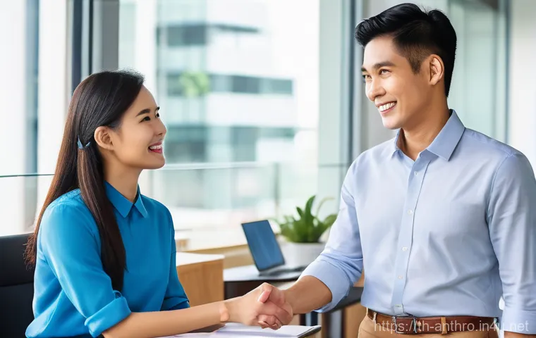 문화 간 갈등 - **A vibrant, modern office environment filled with natural light.** Two colleagues, one a young Thai...