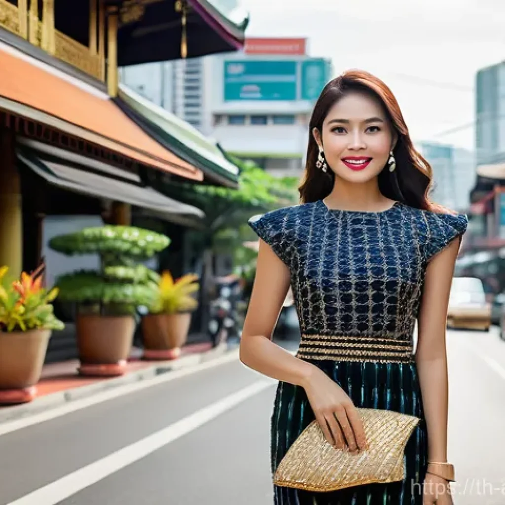 문화적 전통의 변화 - A confident and stylish young Thai woman, in her early 20s, walks gracefully through a bustling, mod...