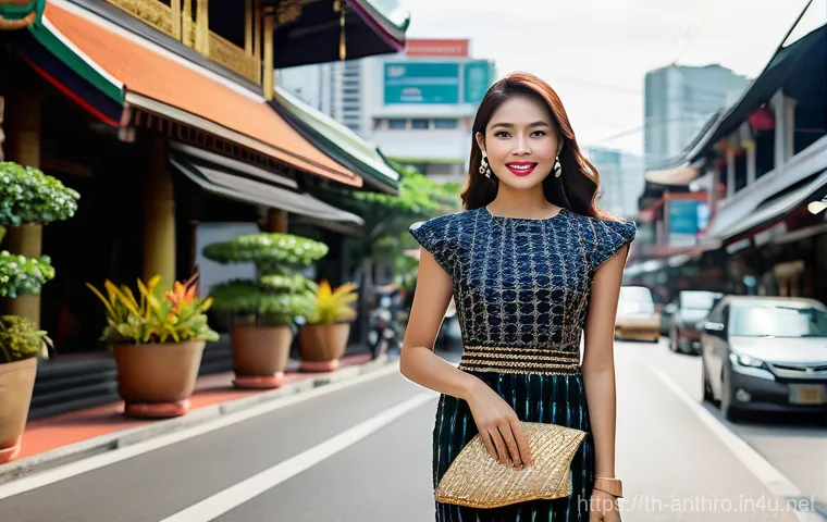 문화적 전통의 변화 - A confident and stylish young Thai woman, in her early 20s, walks gracefully through a bustling, mod...