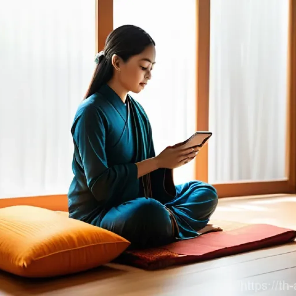 종교와 문화의 비교 연구 - **Digital Serenity: Online Dharma in a Modern Thai Home**
    "A serene scene depicting a young Thai...