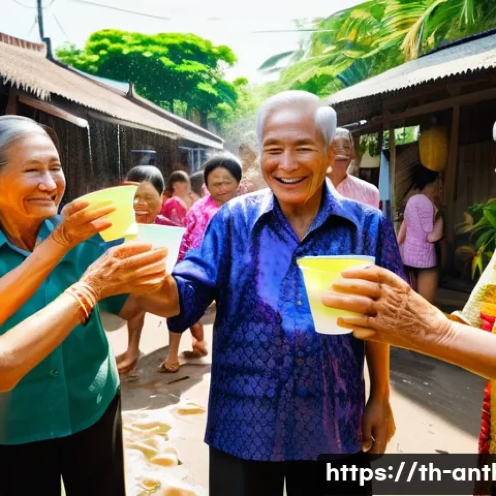 문화 교육론 - A vibrant Southeast Asian village scene during the Songkran festival in Thailand: people of various ...