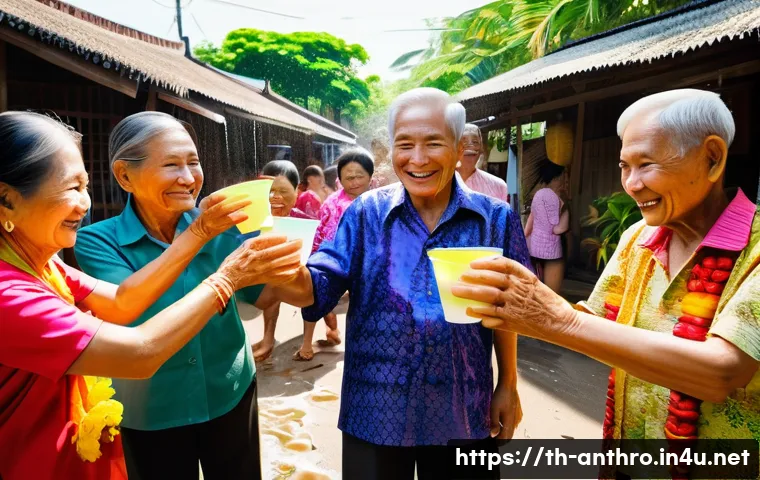 문화 교육론 - A vibrant Southeast Asian village scene during the Songkran festival in Thailand: people of various ...