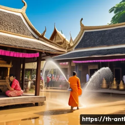 Home 33 문화유산과 사회적 역할 - A vibrant traditional Thai village festival scene during Songkran, featuring locals dressed in color...