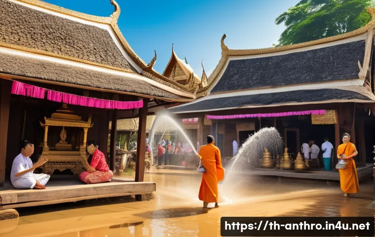 문화유산과 사회적 역할 - A vibrant traditional Thai village festival scene during Songkran, featuring locals dressed in color...