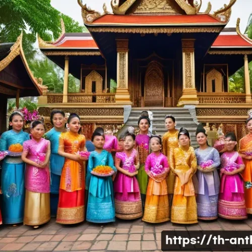 Home 32 문화적 자원 관리 - A vibrant Thai village festival scene showcasing local cultural preservation: people dressed in trad...
