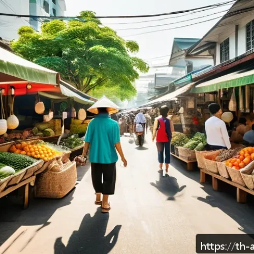 Home 30 기후변화와 문화적 적응 - A vibrant urban scene in Bangkok showing diverse Thai people using eco-friendly cloth bags while sho...