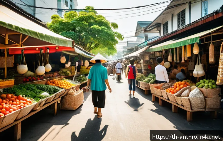 기후변화와 문화적 적응 - A vibrant urban scene in Bangkok showing diverse Thai people using eco-friendly cloth bags while sho...